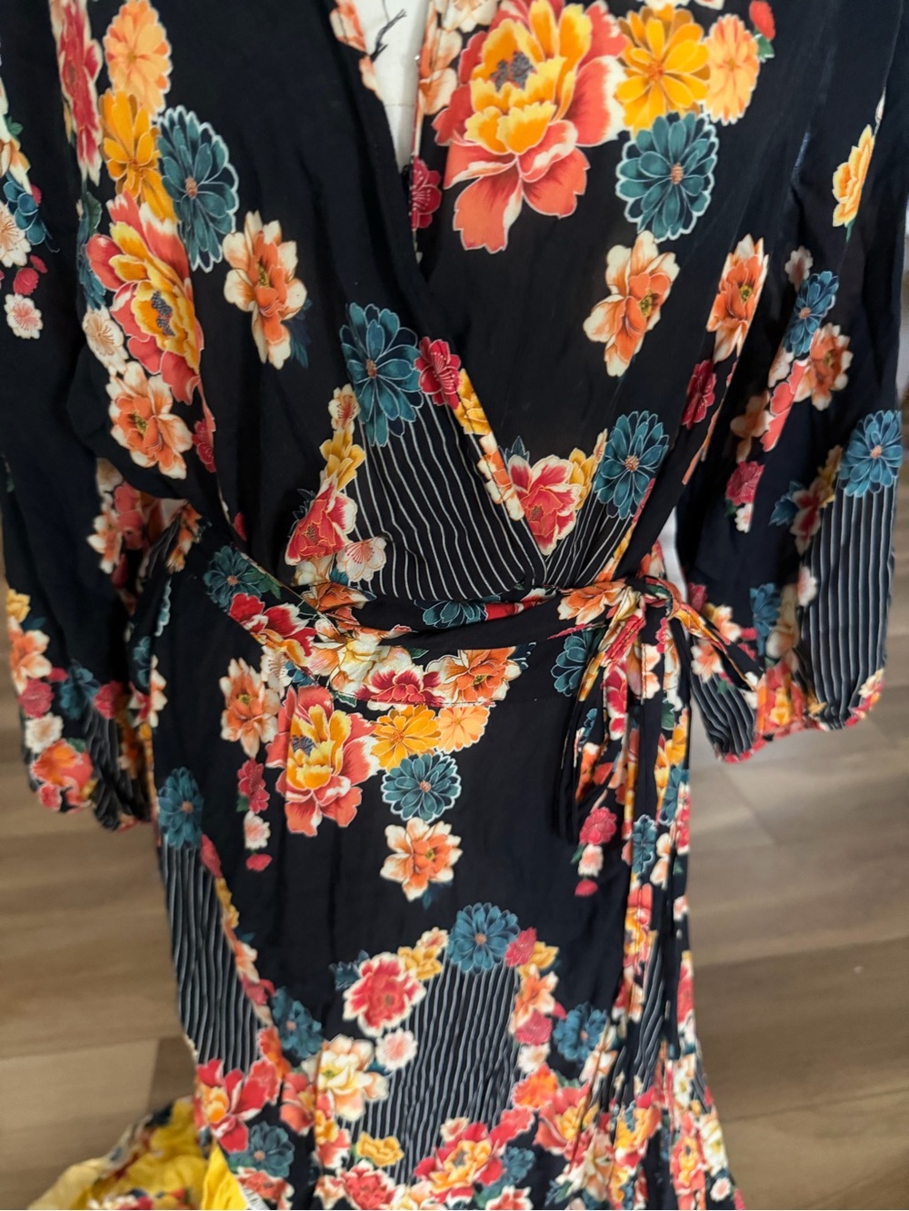 Farm Rio Black Floral Wrap Dress with Yellow Hem - Picture 2 of 6